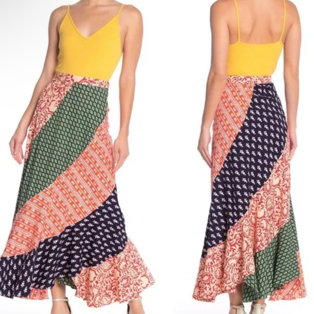 Free People Medley Ruffle Maxi Skirt Size 2 Hidden Earth Patchwork NEW MSRP $128